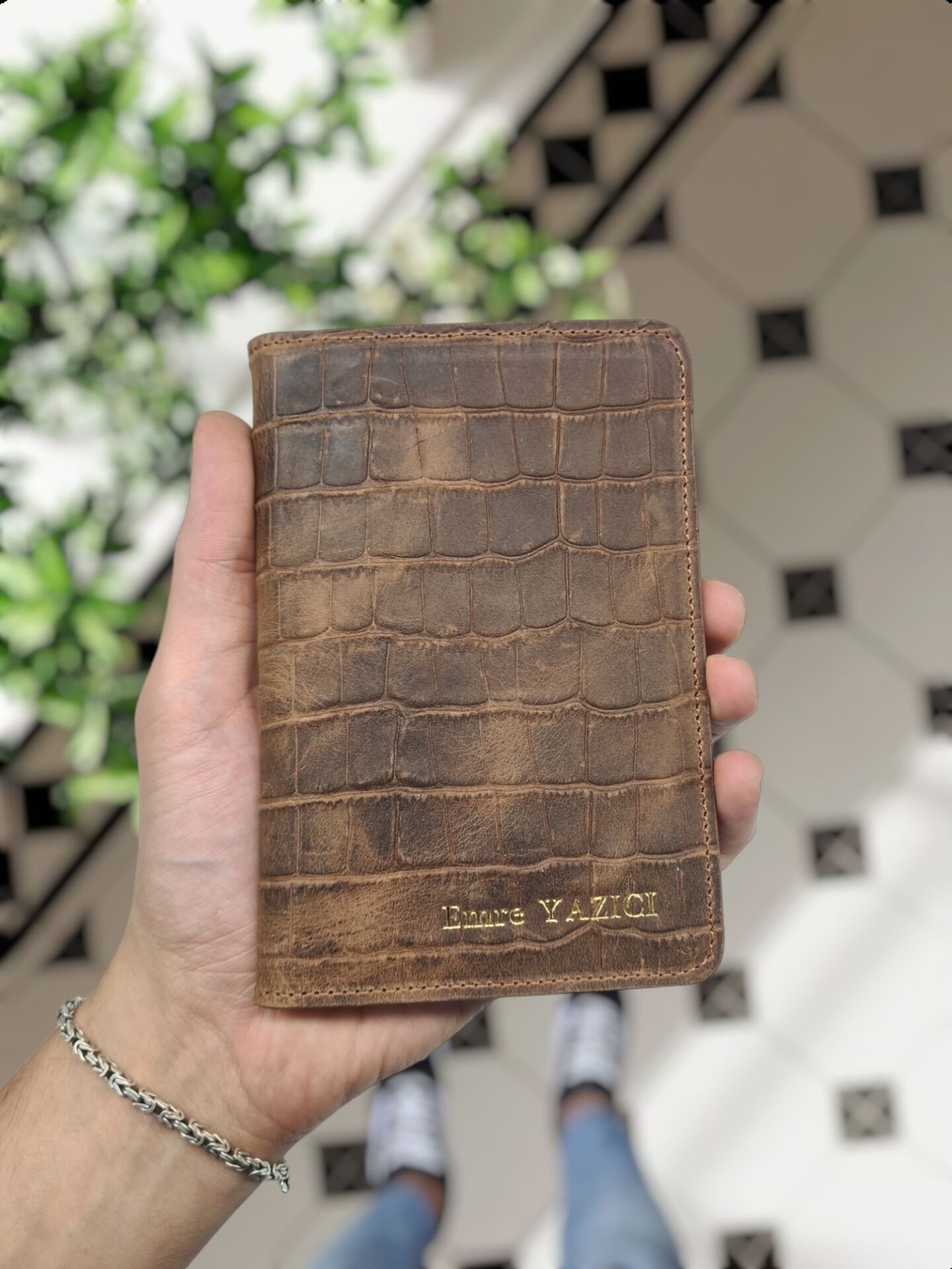 VİSSO 911 HAKİKİ ORJİNAL DERİ ÇANTA KREDİ KART VE KİMLİK HAZNELİ PASAPORTLUK - DERİ PASAPORT KILIFI 911 ESKİTME Kahve Croco Sarı Yaldız