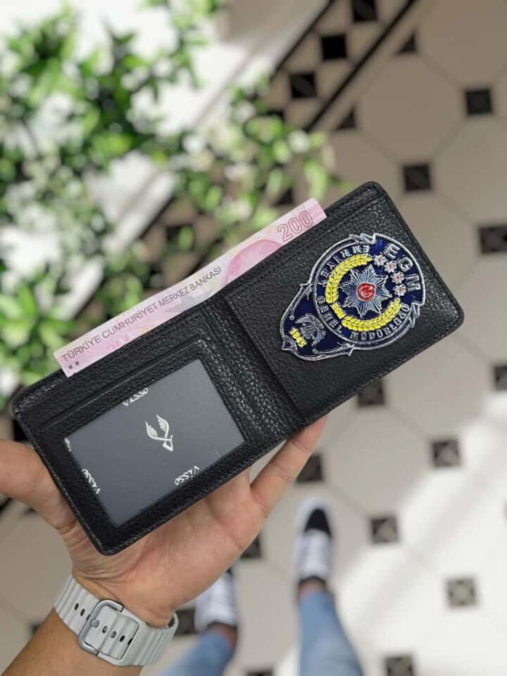 VİSSO 1236 HAKİKİ DERİ ÇANTA İSME ÖZEL EGM ROZETLİ KAĞIT PARA VE KİMLİK BÖLMELİ ERKEK VE KADIN CÜZDAN Siyah Gutty