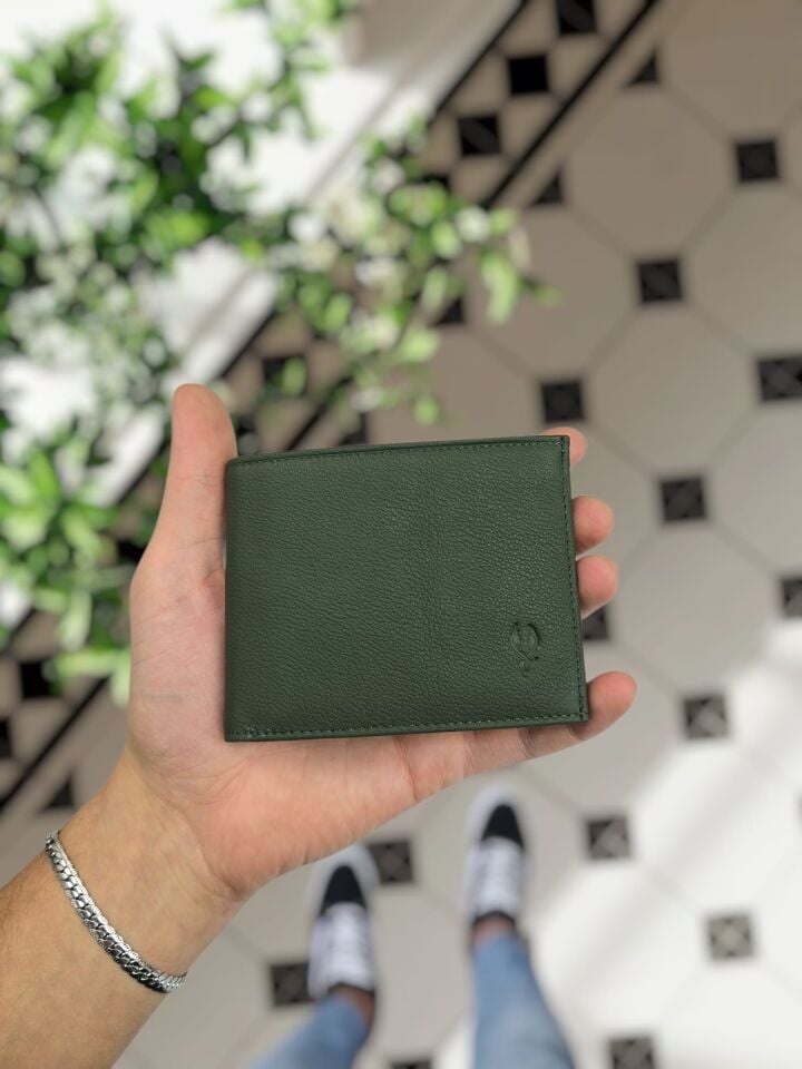 VİSSO 262 HAKİKİ DERİ ÇANTA  İSME ÖZEL ÇİFT KİMLİK BÖLMELİ  DERİ ERKEK CÜZDAN YEŞİL RENK Ve Anahtarlık