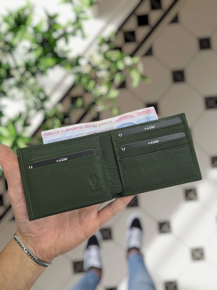 VİSSO 262 HAKİKİ DERİ ÇANTA  İSME ÖZEL ÇİFT KİMLİK BÖLMELİ  DERİ ERKEK CÜZDAN YEŞİL RENK Ve Anahtarlık
