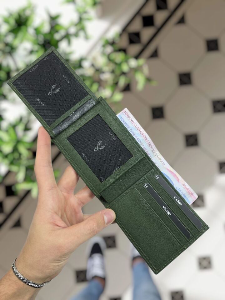 VİSSO 262 HAKİKİ DERİ ÇANTA  İSME ÖZEL ÇİFT KİMLİK BÖLMELİ  DERİ ERKEK CÜZDAN YEŞİL RENK Ve Anahtarlık