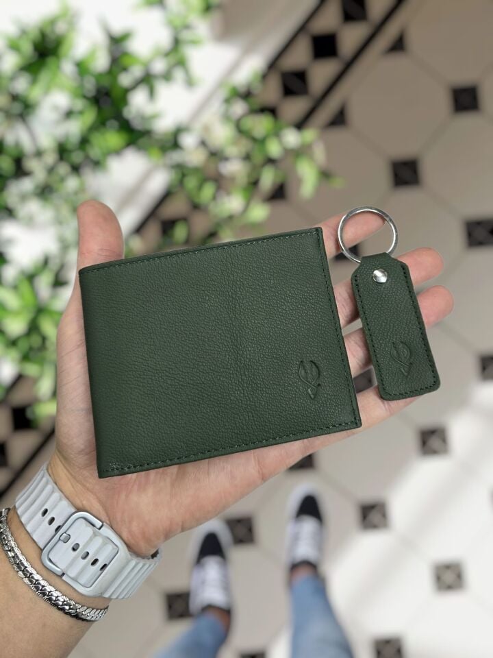 VİSSO 262 HAKİKİ DERİ ÇANTA  İSME ÖZEL ÇİFT KİMLİK BÖLMELİ  DERİ ERKEK CÜZDAN YEŞİL RENK Ve Anahtarlık