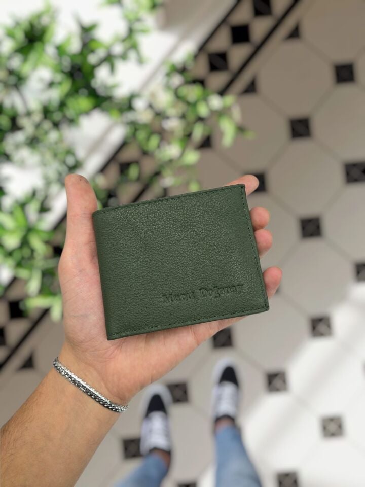 VİSSO 262 HAKİKİ DERİ ÇANTA  İSME ÖZEL ÇİFT KİMLİK BÖLMELİ  DERİ ERKEK CÜZDAN YEŞİL RENK Ve Anahtarlık