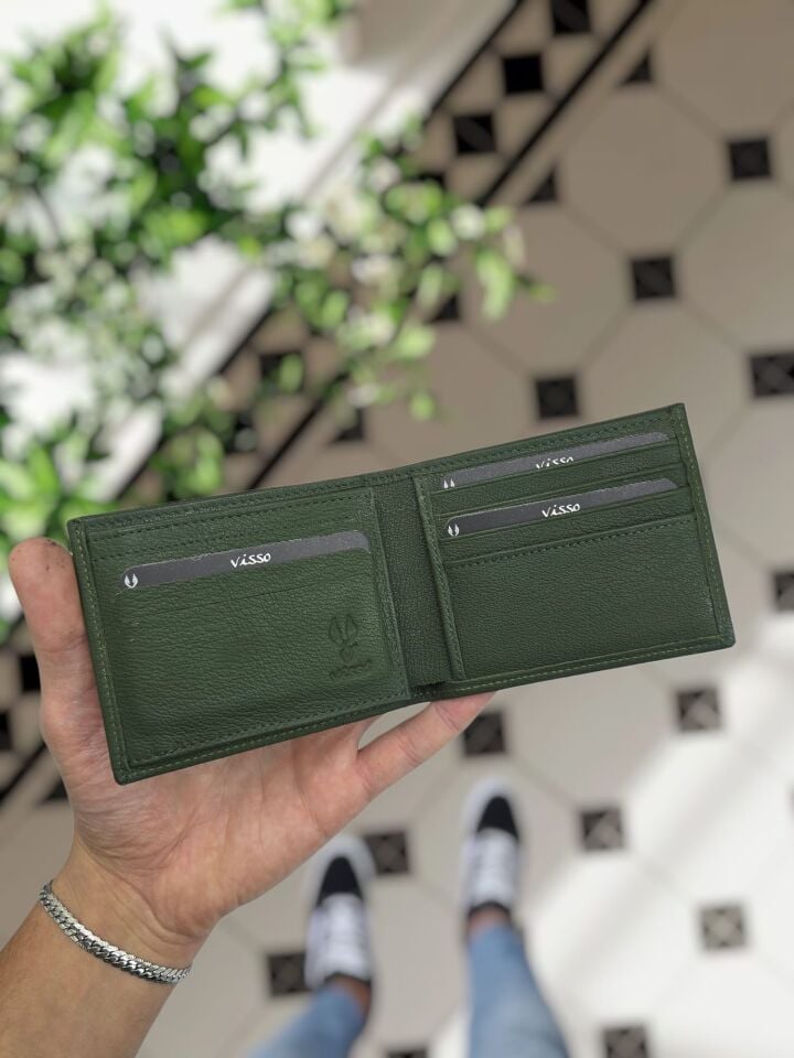 VİSSO 262 HAKİKİ DERİ ÇANTA  İSME ÖZEL ÇİFT KİMLİK BÖLMELİ  DERİ ERKEK CÜZDAN YEŞİL RENK Ve Anahtarlık