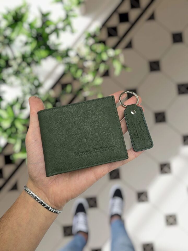 VİSSO 262 HAKİKİ DERİ ÇANTA  İSME ÖZEL ÇİFT KİMLİK BÖLMELİ  DERİ ERKEK CÜZDAN YEŞİL RENK Ve Anahtarlık