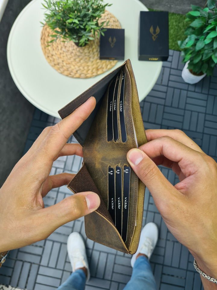 VİSSO 1236 HAKİKİ DERİ ÇANTA İSME ÖZEL EGM ROZETLİ KAĞIT PARA VE KİMLİK BÖLMELİ ERKEK VE KADIN CÜZDAN Kahve Matrix