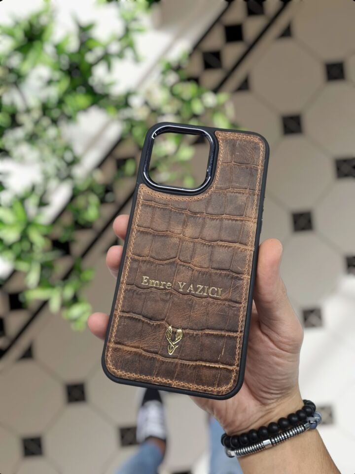 IPHONE ESKİTME KAHVE Croco renk VİSSO  Hakiki Deri TELEFON KILIFI HAKİKİ ORJİNAL GERÇEK DANA DERİSİ Kişiye Özel İsim Baskılı Kadın Erkek Unisex Deri Koruyucu Telefon Kılıfı ESKİTE KAHVE CROCO APPLE LOGOLU