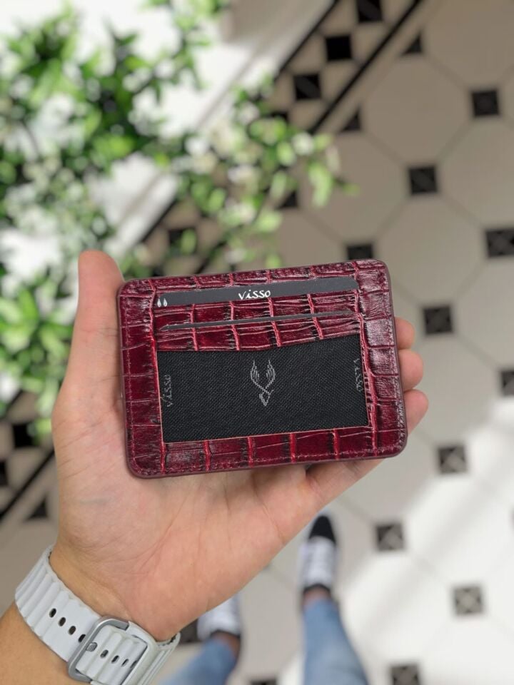 VİSSO 8600  Hakiki Deri Çıtçıtlı Akordeon Kartlık Akordeon Kimlik Bölmeli Kişiye İsme Özel Bay Bayan Çanta  Bordo Croco