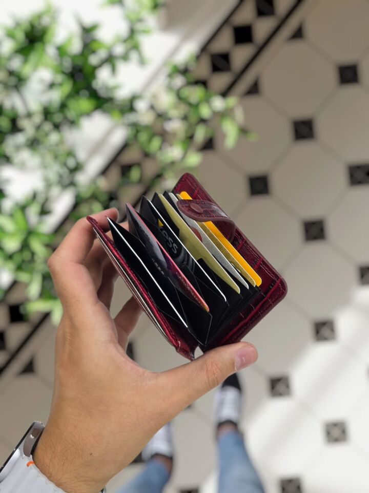 VİSSO 8600  Hakiki Deri Çıtçıtlı Akordeon Kartlık Akordeon Kimlik Bölmeli Kişiye İsme Özel Bay Bayan Çanta  Bordo Croco