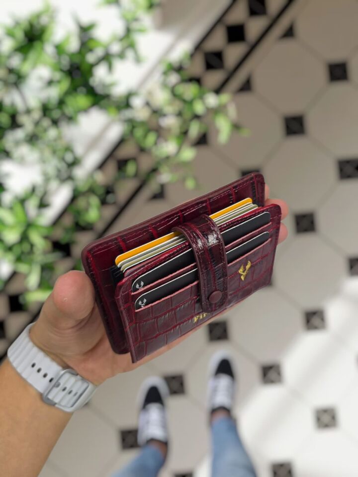 VİSSO 8600  Hakiki Deri Çıtçıtlı Akordeon Kartlık Akordeon Kimlik Bölmeli Kişiye İsme Özel Bay Bayan Çanta  Bordo Croco
