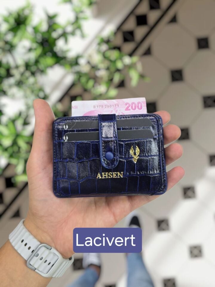 VİSSO 8600  Hakiki Deri Çıtçıtlı Akordeon Kartlık Akordeon Kimlik Bölmeli Kişiye İsme Özel Bay Bayan Çanta  Lacivert Croco