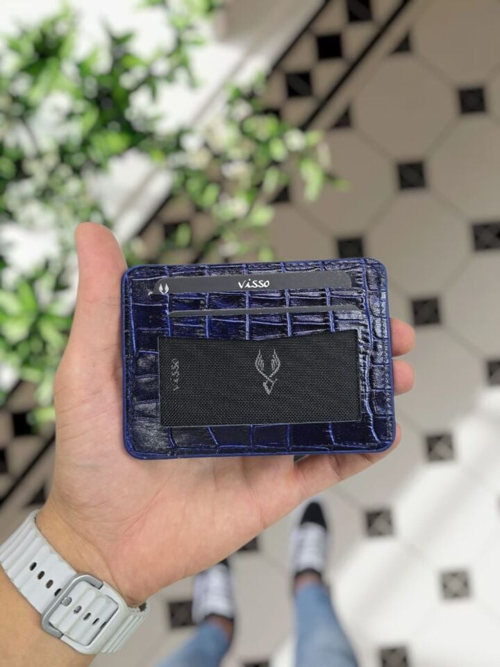 VİSSO 8600  Hakiki Deri Çıtçıtlı Akordeon Kartlık Akordeon Kimlik Bölmeli Kişiye İsme Özel Bay Bayan Çanta  Lacivert Croco