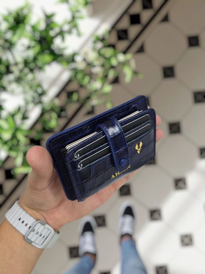 VİSSO 8600  Hakiki Deri Çıtçıtlı Akordeon Kartlık Akordeon Kimlik Bölmeli Kişiye İsme Özel Bay Bayan Çanta  Lacivert Croco