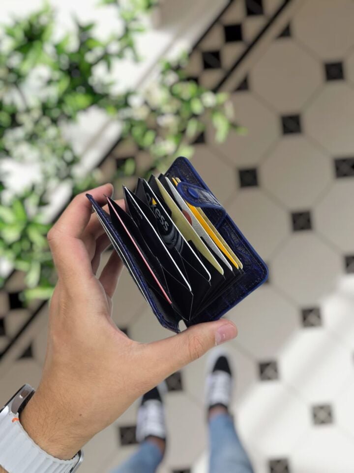 VİSSO 8600  Hakiki Deri Çıtçıtlı Akordeon Kartlık Akordeon Kimlik Bölmeli Kişiye İsme Özel Bay Bayan Çanta  Lacivert Croco