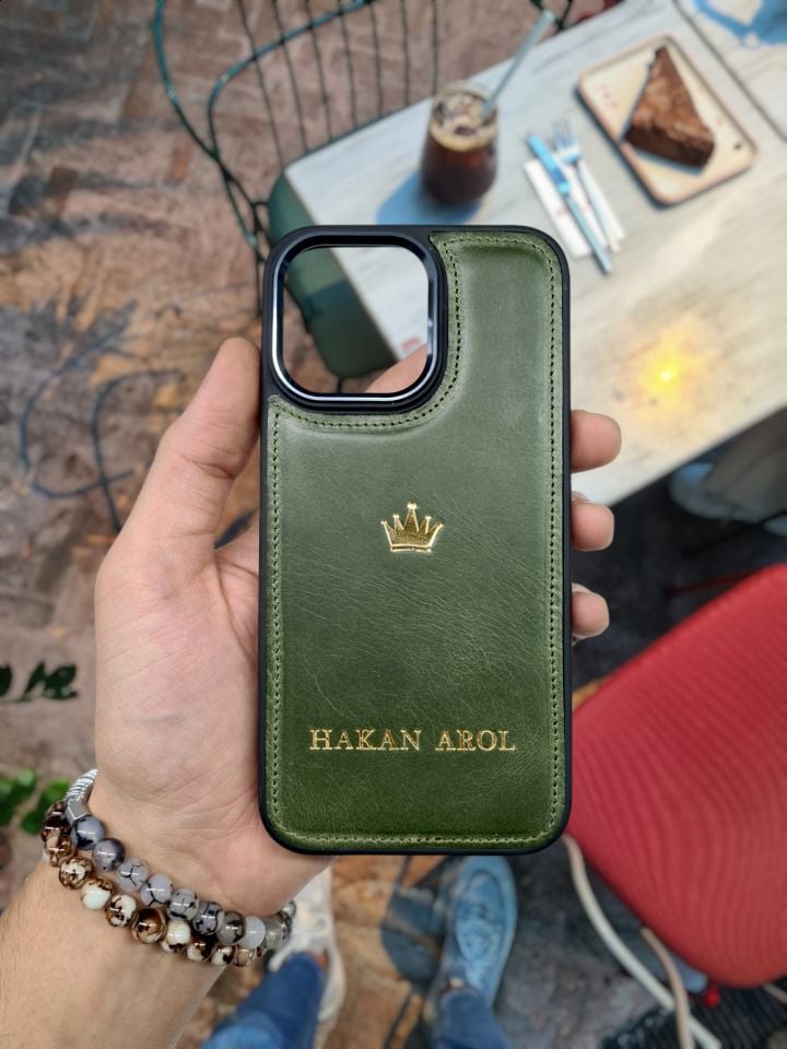 IPHONE YEŞİL RENK TELEFON KILIFI VİSSO HAKİKİ ORJİNAL GERÇEK DANA DERİSİ Kişiye Özel İsim Baskılı Kadın Erkek Unisex Deri Koruyucu Telefon Kılıfı YEŞİL  RENK TAÇ LOGOLU