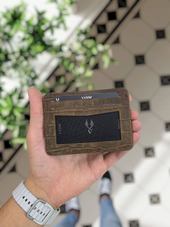 VİSSO 8600   Hakiki Deri Çıtçıtlı Akordeon Kartlık Akordeon Kimlik Bölmeli Kişiye İsme Özel Bay Bayan Çanta Eskitme Croco