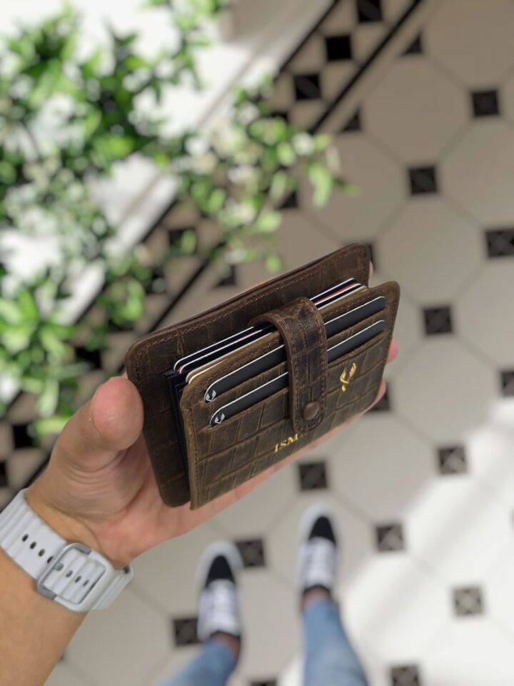 VİSSO 8600   Hakiki Deri Çıtçıtlı Akordeon Kartlık Akordeon Kimlik Bölmeli Kişiye İsme Özel Bay Bayan Çanta Eskitme Croco