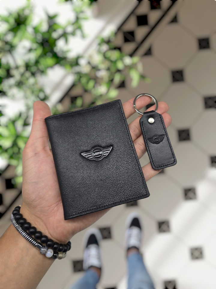 MINI COOPER  VİSSO 1904 Hakiki Deri Araç Ruhsat Kılıf İsme Özel Çanta Erkek Kadın Modeli MINI COOPER SİYAH RENK + ANAHTARLIK