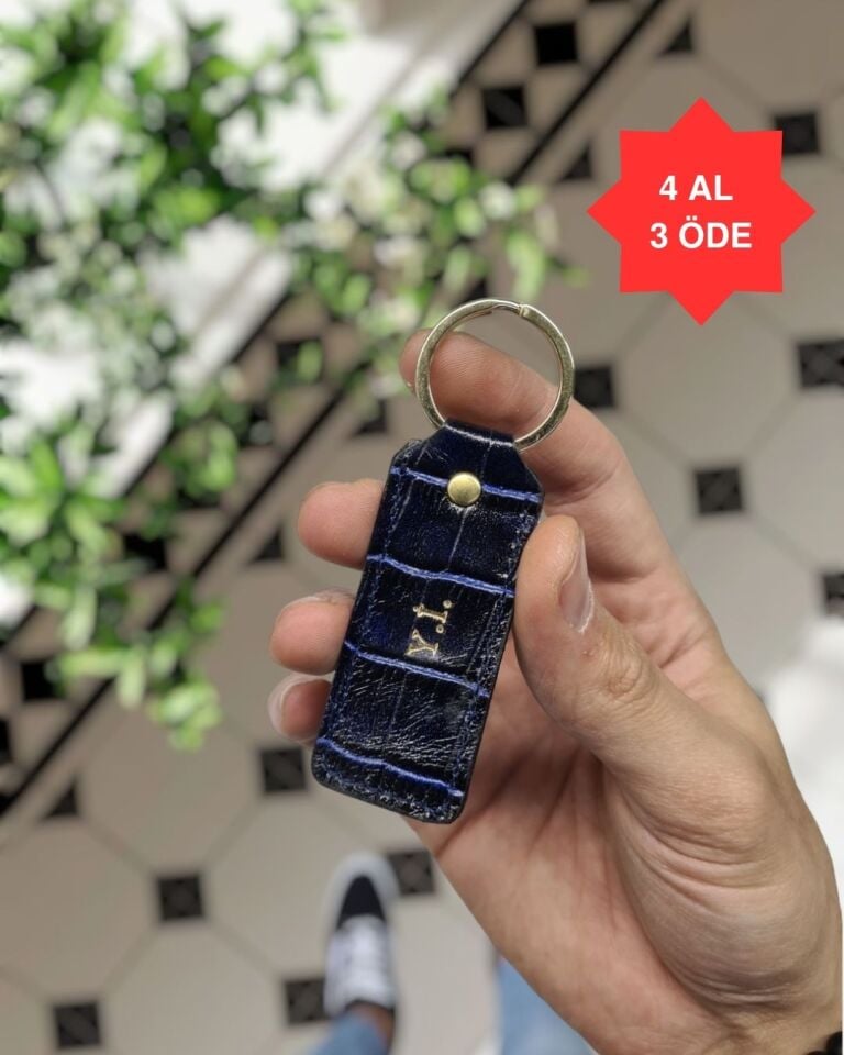 1020  Hakiki Deri Anahtarlık - Kişiye Özel Deri Anahtarlık Çanta  Lacivert croco