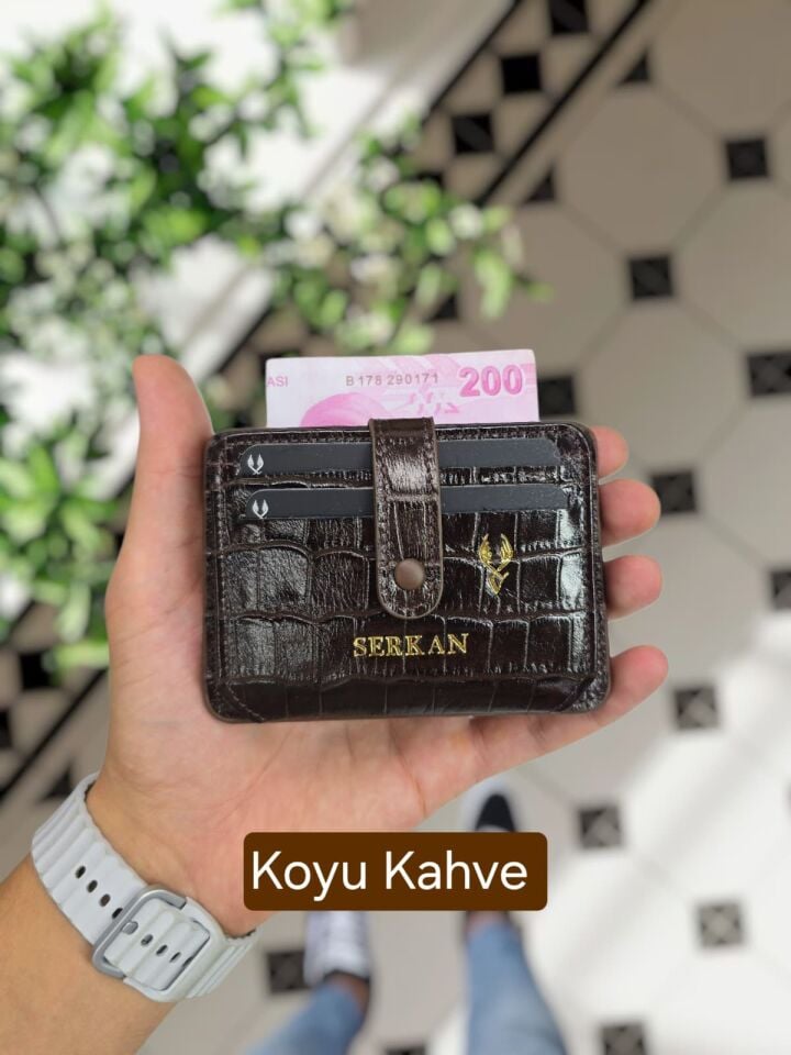 VİSSO 8600  Hakiki Deri Çıtçıtlı Akordeon Kartlık Akordeon Kimlik Bölmeli Kişiye İsme Özel Bay Bayan Çanta Kahve Croco