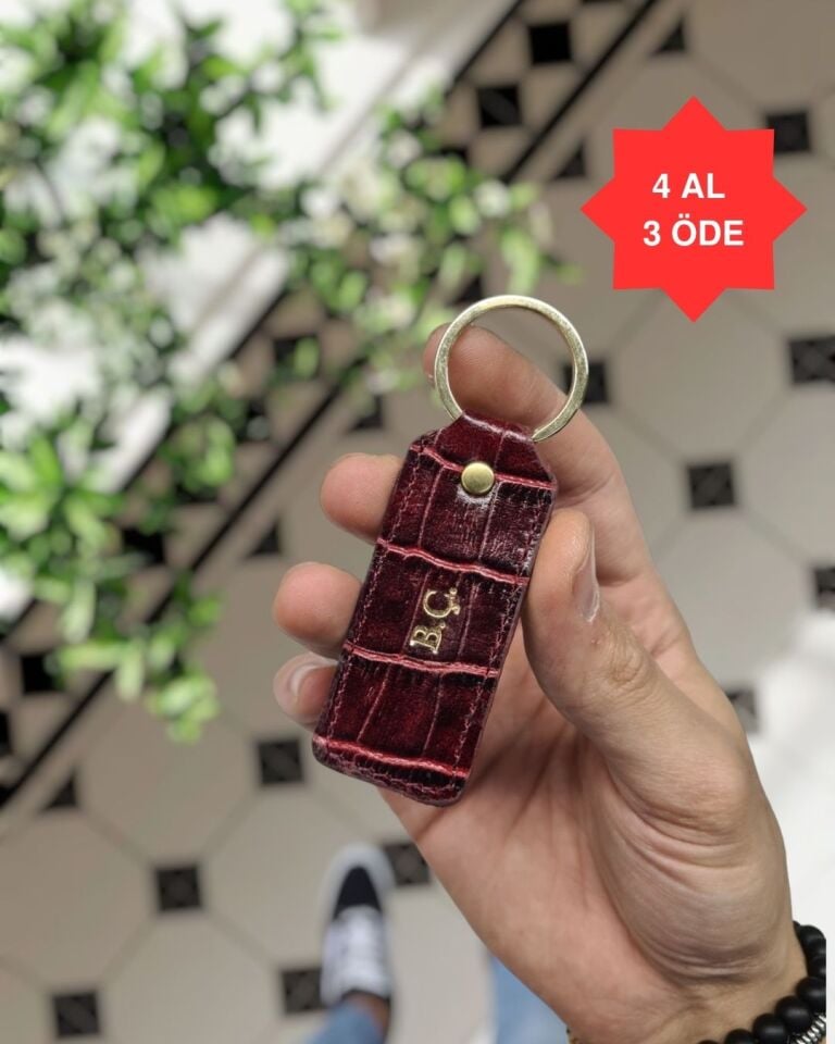 1020  Hakiki Deri Anahtarlık - Kişiye Özel Deri Anahtarlık Çanta Bordo Croco