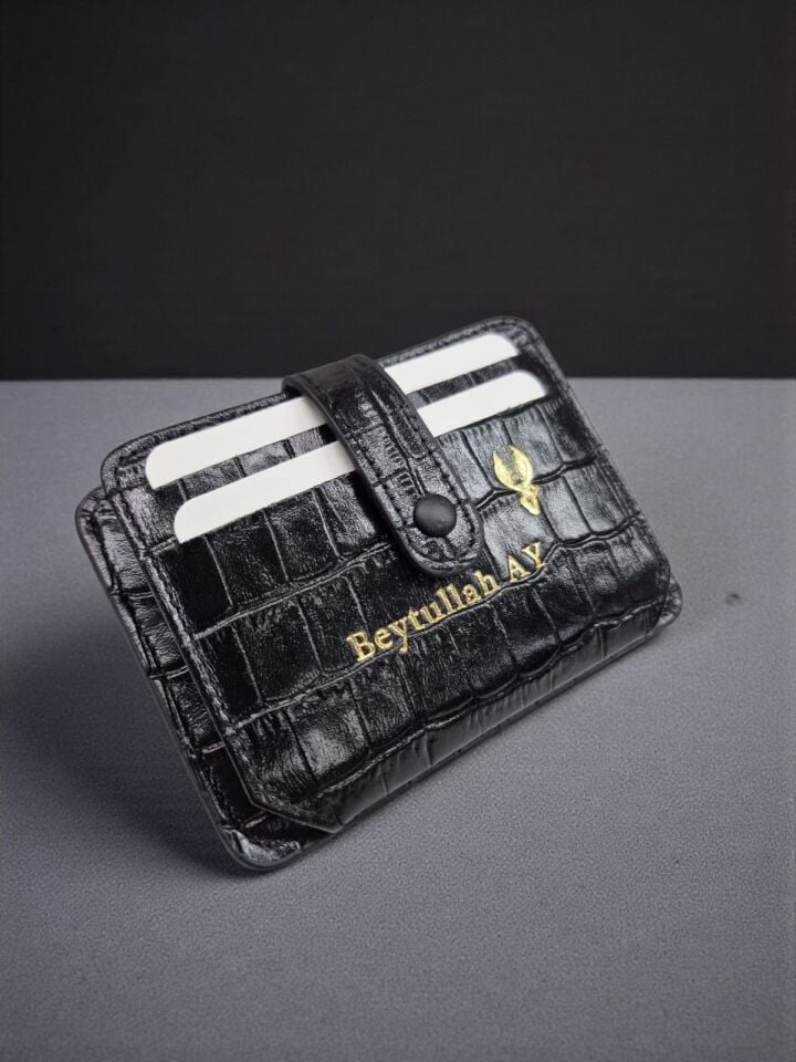 VİSSO 8600 Hakiki Deri Çıtçıtlı Akordeon Kartlık Akordeon Kimlik Bölmeli Kişiye İsme Özel Bay Bayan Çanta Siyah Croco