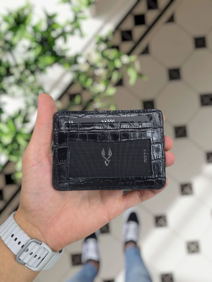 VİSSO 8600 Hakiki Deri Çıtçıtlı Akordeon Kartlık Akordeon Kimlik Bölmeli Kişiye İsme Özel Bay Bayan Çanta Siyah Croco