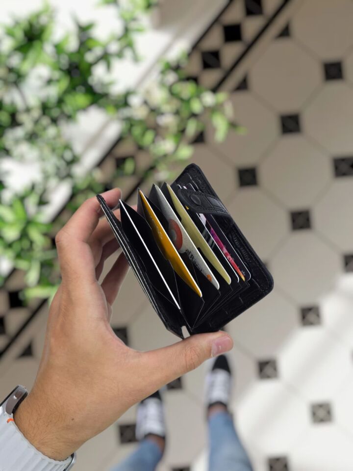 VİSSO 8600 Hakiki Deri Çıtçıtlı Akordeon Kartlık Akordeon Kimlik Bölmeli Kişiye İsme Özel Bay Bayan Çanta Siyah Croco