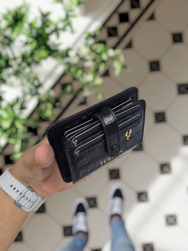 VİSSO 8600 Hakiki Deri Çıtçıtlı Akordeon Kartlık Akordeon Kimlik Bölmeli Kişiye İsme Özel Bay Bayan Çanta Siyah Croco