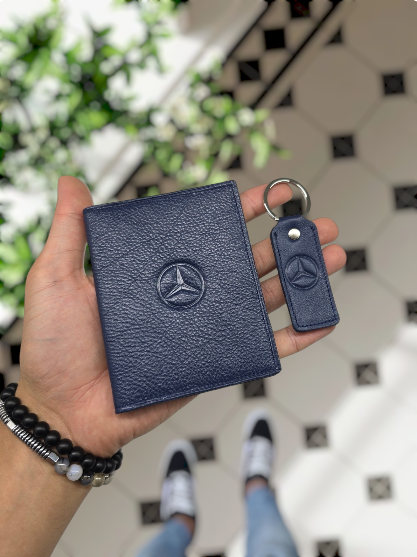 MERCEDES  VİSSO 1904 Hakiki Deri Araç Ruhsat Kılıf İsme Özel Çanta Erkek Kadın Modeli  MERCEDES LACİVERT GUTTY + ANAHTARLIK