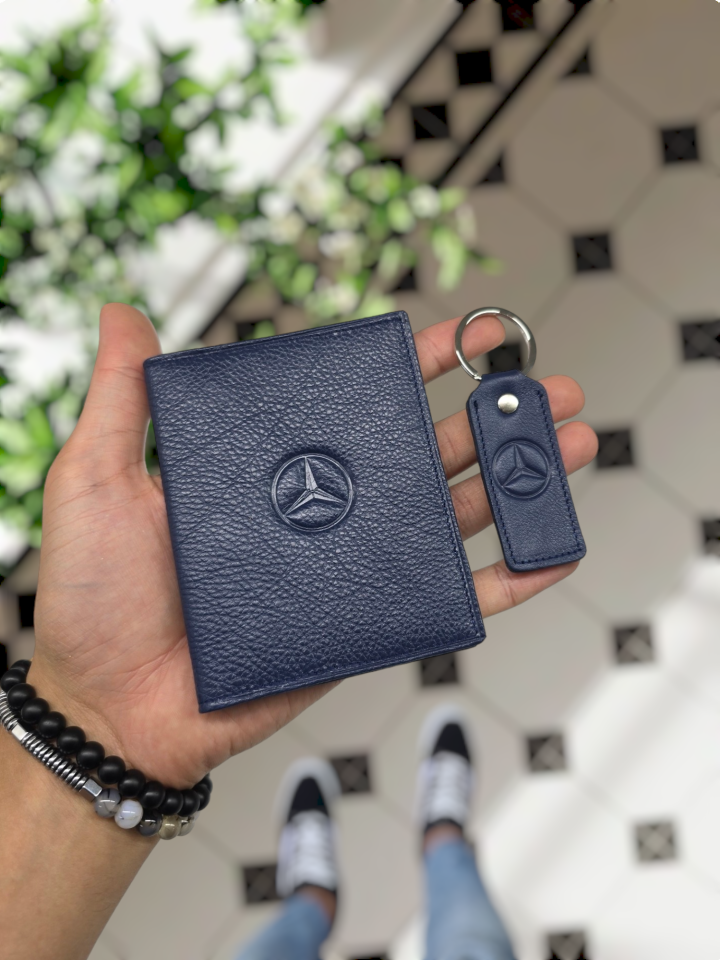 MERCEDES  VİSSO 1904 Hakiki Deri Araç Ruhsat Kılıf İsme Özel Çanta Erkek Kadın Modeli  MERCEDES LACİVERT GUTTY + ANAHTARLIK