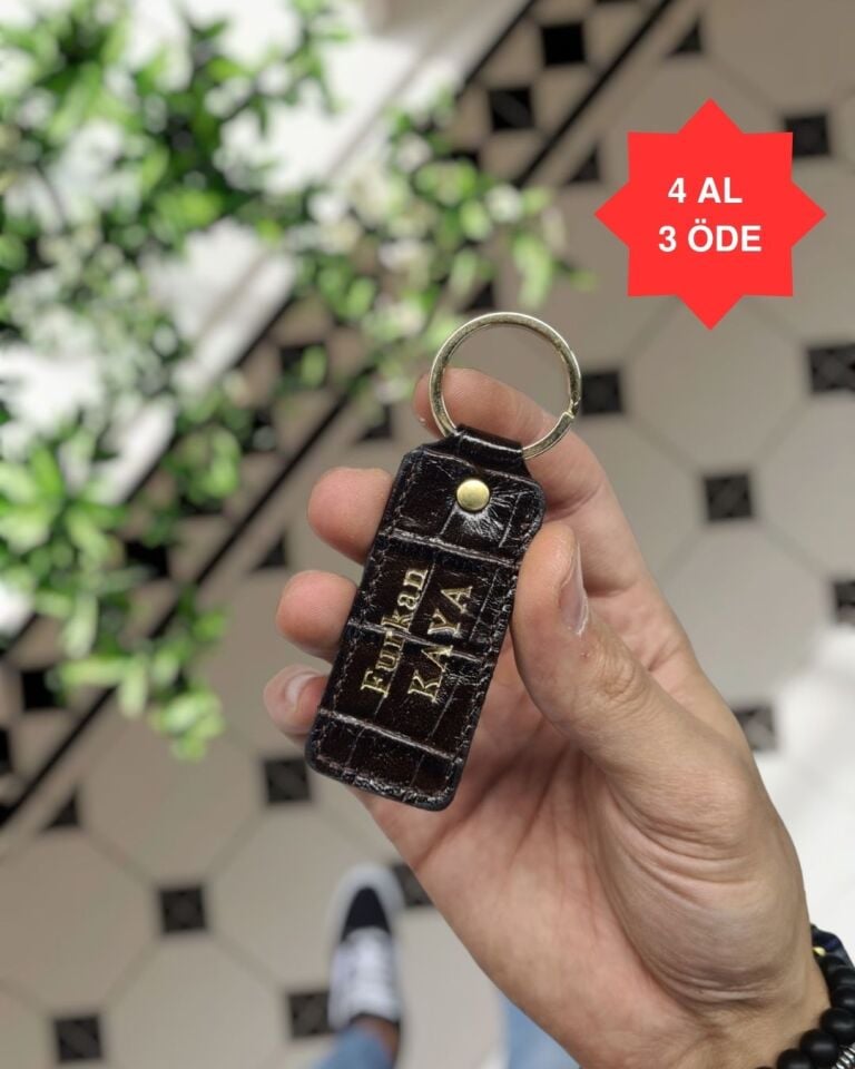 1020  Hakiki Deri Anahtarlık - Kişiye Özel Deri Anahtarlık Çanta  kahve Croco