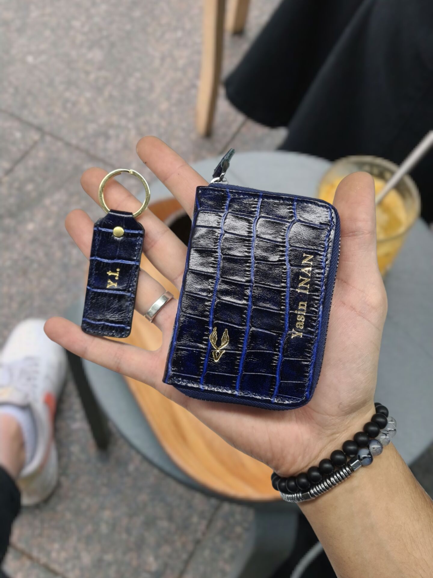 VİSSO 661 GERÇEK DERİ ÇANTA İSME ÖZEL  KCROCO ERKEK VE KADIN İÇİN FERMUARLI AKORDİYON-YELPAZE KREDİ KARTLIK MODEL Lacivert Croco + ANAHTAR