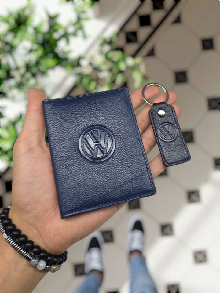 VOLSWAGEN VİSSO 1904 Hakiki Deri Araç Ruhsat Kılıf İsme Özel Çanta Erkek Kadın Modeli VOLSWAGEN LACİVERT RENK DERİ + ANAHTARLIK