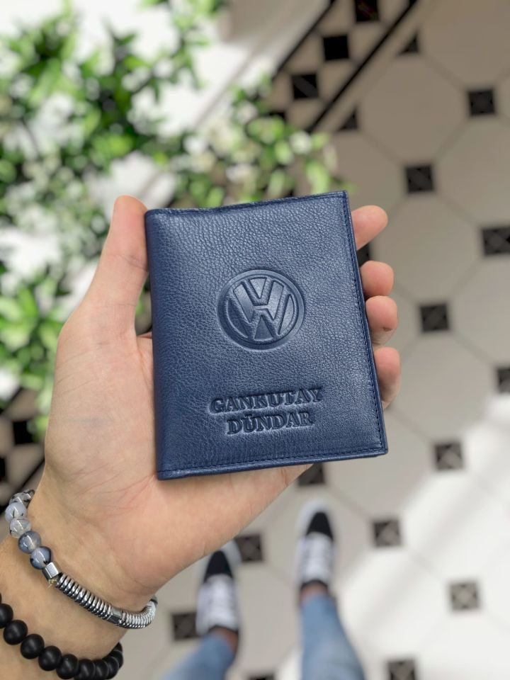 VOLKSWAGEN VİSSO 1904 Hakiki Deri Araç Ruhsat Kılıf İsme Özel Çanta Erkek Kadın Modeli VOLSWAGEN LACİVERT RENK DERİ
