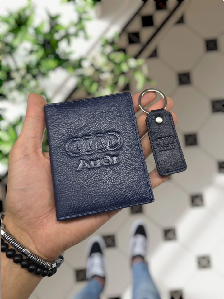 AUDİ VİSSO 1904 Hakiki Deri Araç Ruhsat Kılıf İsme Özel Çanta Erkek Kadın Modeli   AUDİ   LACİVERT  DERİ + ANAHTARLIK