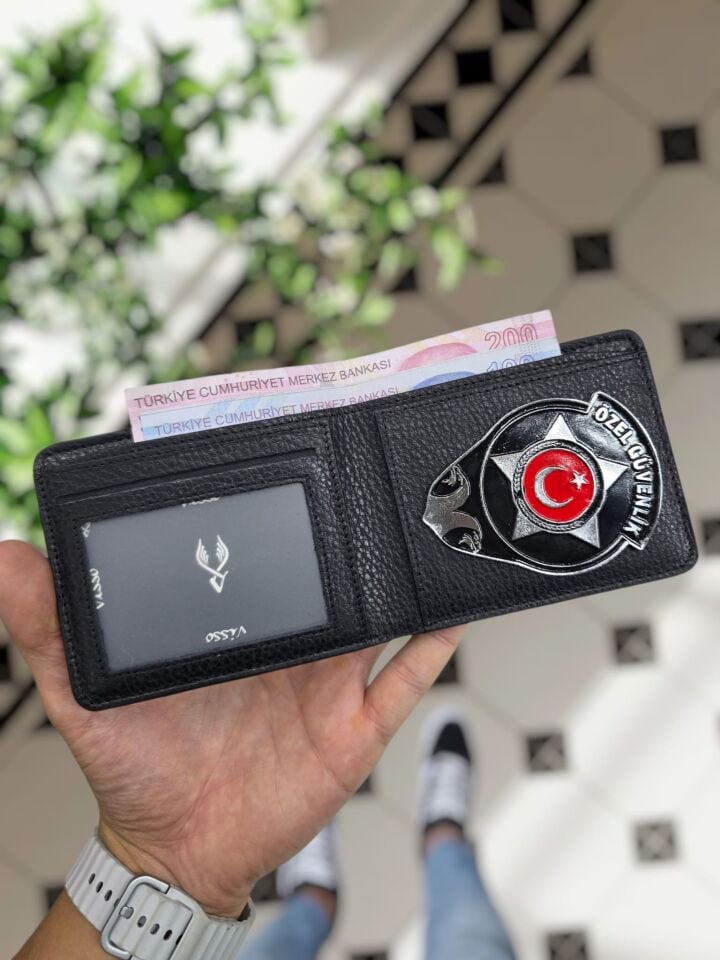 VİSSO 1236 HAKİKİ DERİ ÇANTA İSME ÖZEL Özel Güvenlik ROZETLİ KAĞIT PARA VE KİMLİK BÖLMELİ ERKEK VE KADIN CÜZDAN Siyah Gutty