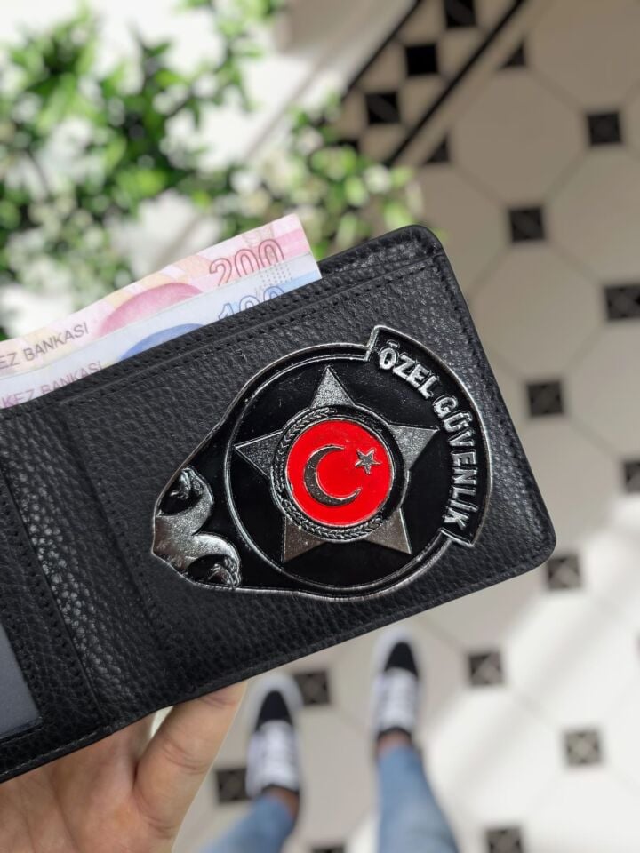 VİSSO 1236 HAKİKİ DERİ ÇANTA İSME ÖZEL Özel Güvenlik ROZETLİ KAĞIT PARA VE KİMLİK BÖLMELİ ERKEK VE KADIN CÜZDAN Siyah Gutty