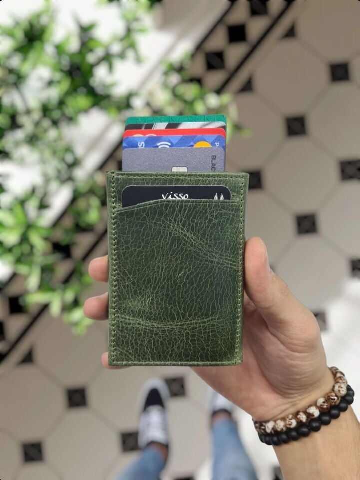 VİSSO 684 Hakiki Deri Kağıt Para Bölmeli Mekanizmalı Kartlık Cüzdan Kişiye Özel Çanta YEŞİL GRANDA Taç Logolu