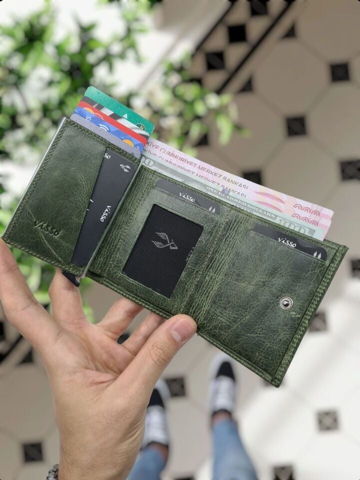 VİSSO 684 Hakiki Deri Kağıt Para Bölmeli Mekanizmalı Kartlık Cüzdan Kişiye Özel Çanta YEŞİL GRANDA Taç Logolu