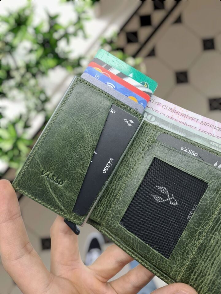 VİSSO 684 Hakiki Deri Kağıt Para Bölmeli Mekanizmalı Kartlık Cüzdan Kişiye Özel Çanta YEŞİL GRANDA Taç Logolu