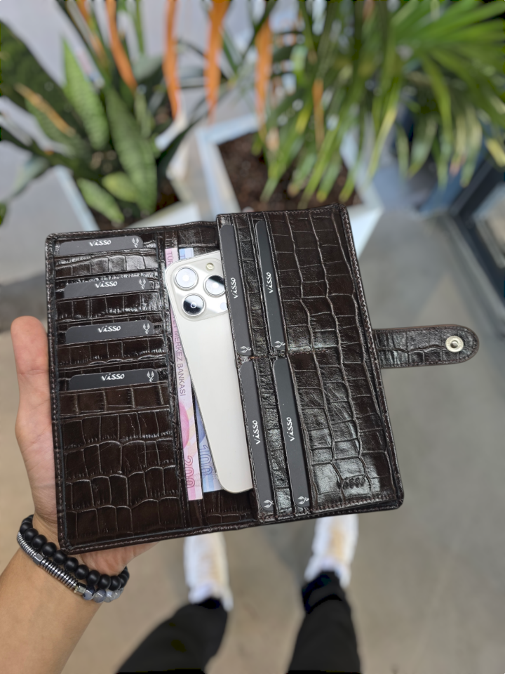 VİSSO 701 HAKİKİ ORİNAL DERİ ÇANTA  ÇOK KARTLIK KAPASİTELİ TELEFON BÖLMELİ ÇITÇITLI KADIN VE ERKEK CÜZDAN EL ÇANTASI MODEL Kahverengi Croco