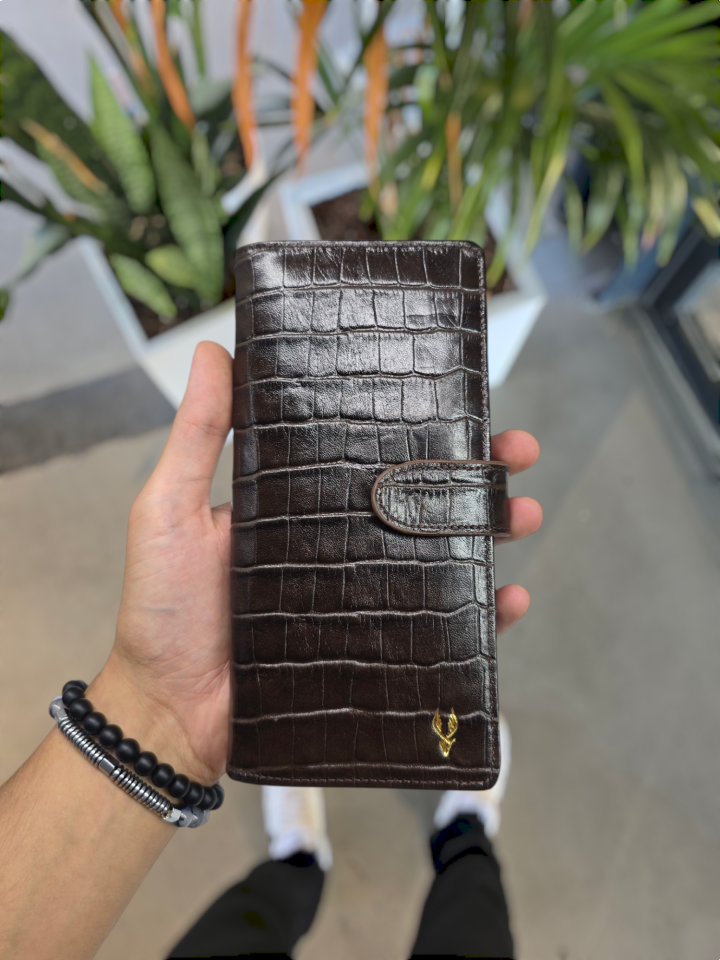 VİSSO 701 HAKİKİ ORİNAL DERİ ÇANTA  ÇOK KARTLIK KAPASİTELİ TELEFON BÖLMELİ ÇITÇITLI KADIN VE ERKEK CÜZDAN EL ÇANTASI MODEL Kahverengi Croco