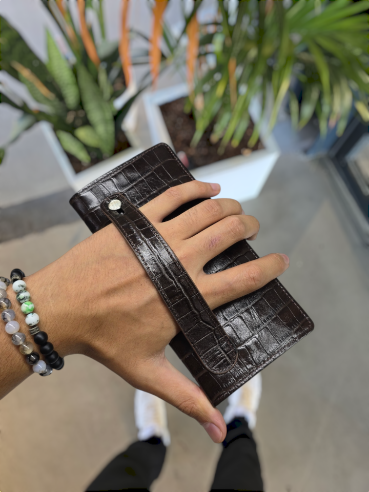VİSSO 701 HAKİKİ ORİNAL DERİ ÇANTA  ÇOK KARTLIK KAPASİTELİ TELEFON BÖLMELİ ÇITÇITLI KADIN VE ERKEK CÜZDAN EL ÇANTASI MODEL Kahverengi Croco