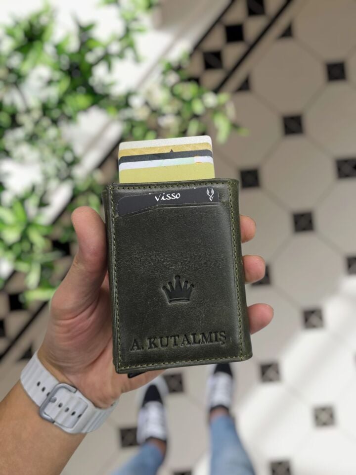 VİSSO 684 Hakiki Deri Kağıt Para Bölmeli Mekanizmalı Kartlık Cüzdan Kişiye Özel Çanta YEŞİL GRANDA Taç Logolu