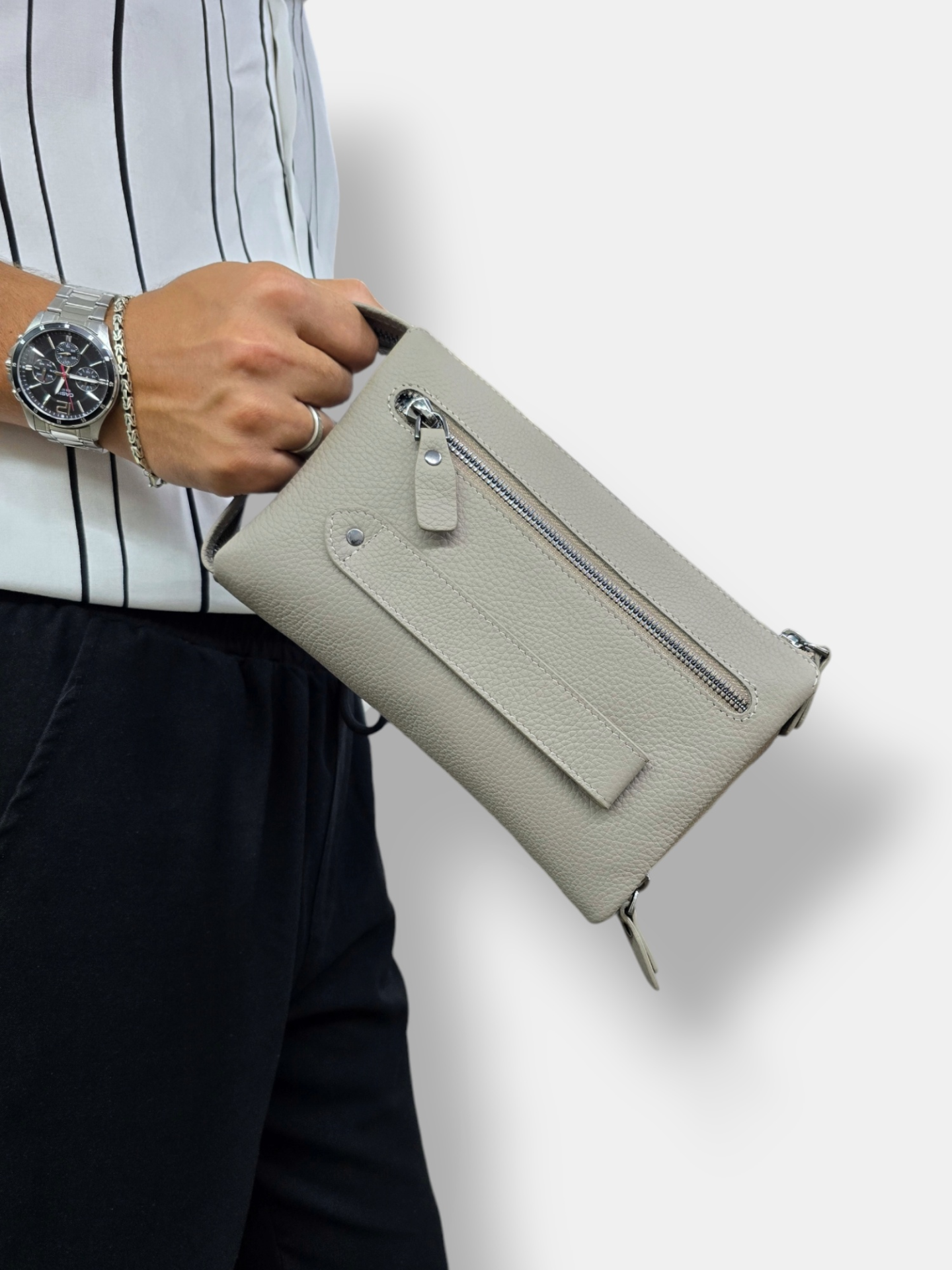 VİSSO 457 Hakiki Deri Fermuarlı  El Çantası  KREM Renk Deri Çanta Unisex Elde Taşınabilen Mıknatıs Cep Telefonu Cepli Kredi Kart Bölmeli Çanta