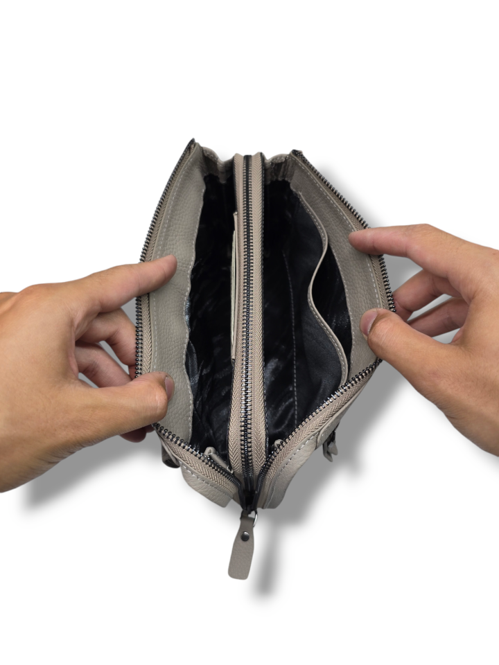 VİSSO 457 Hakiki Deri Fermuarlı  El Çantası  KREM Renk Deri Çanta Unisex Elde Taşınabilen Mıknatıs Cep Telefonu Cepli Kredi Kart Bölmeli Çanta