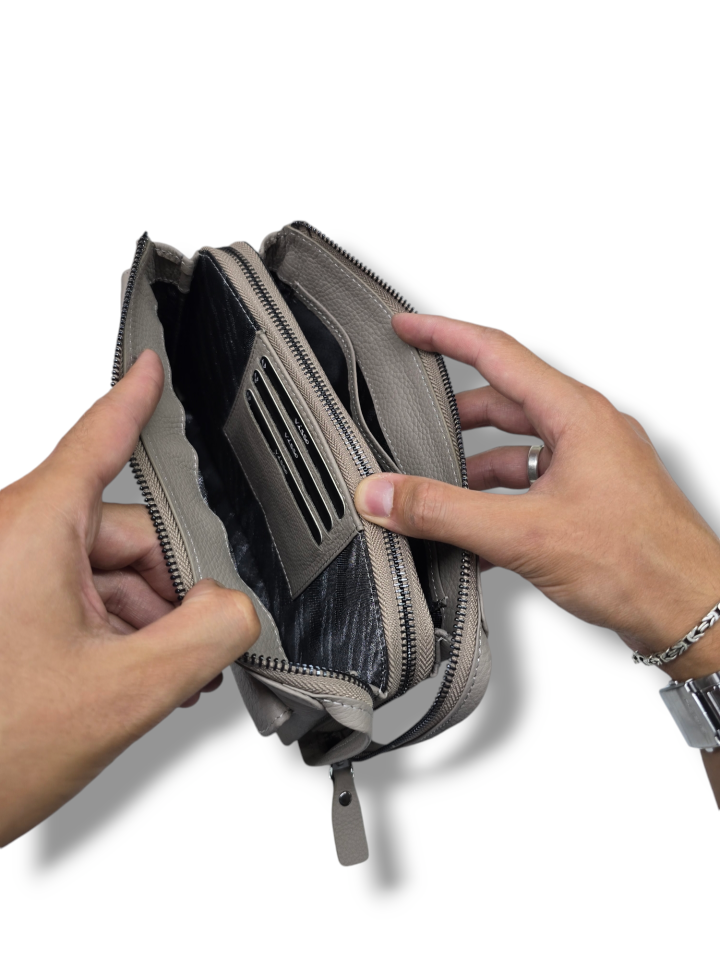 VİSSO 457 Hakiki Deri Fermuarlı  El Çantası  KREM Renk Deri Çanta Unisex Elde Taşınabilen Mıknatıs Cep Telefonu Cepli Kredi Kart Bölmeli Çanta