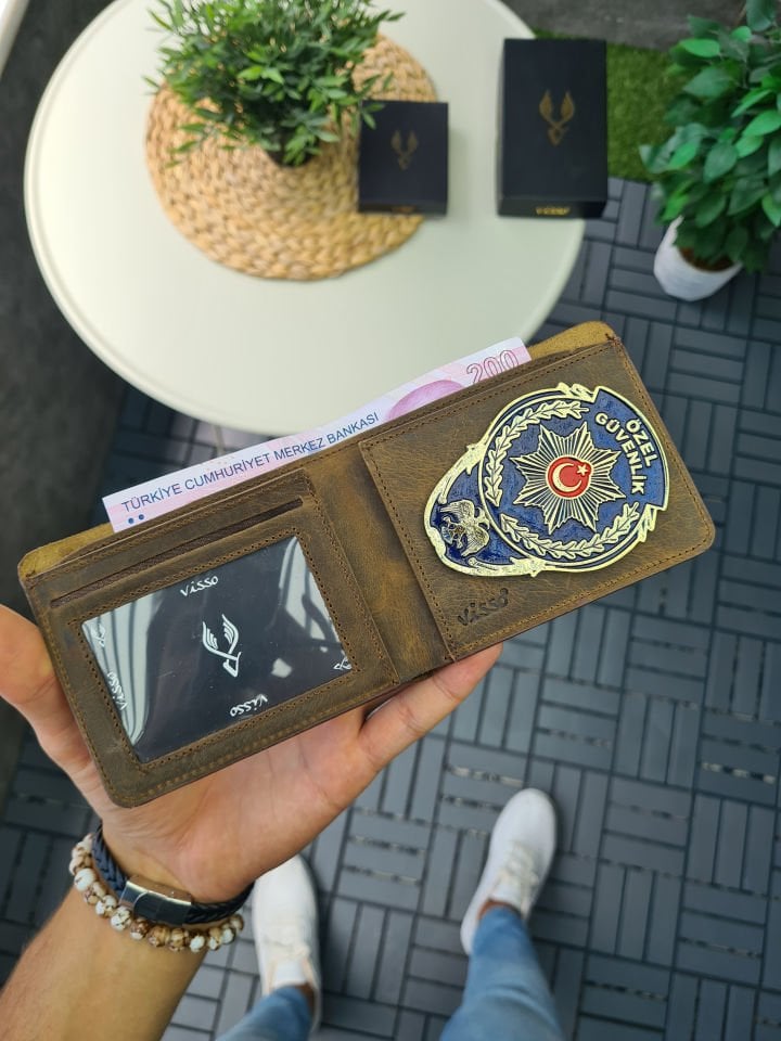 VİSSO 1236 HAKİKİ DERİ ÇANTA İSME ÖZEL Özel Güvenlik ROZETLİ KAĞIT PARA VE KİMLİK BÖLMELİ ERKEK VE KADIN CÜZDAN Kahve Matrix