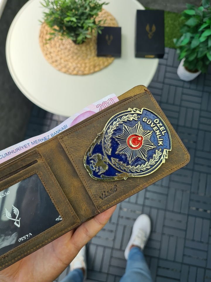 VİSSO 1236 HAKİKİ DERİ ÇANTA İSME ÖZEL Özel Güvenlik ROZETLİ KAĞIT PARA VE KİMLİK BÖLMELİ ERKEK VE KADIN CÜZDAN Kahve Matrix